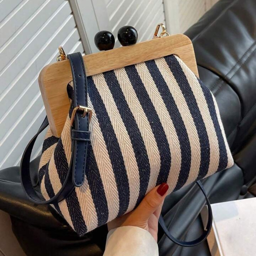 Striped crossbody bag shoulder striped handbag purse wood magnetic clutch canvas